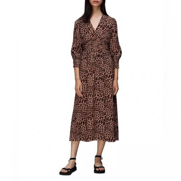 Whistles Jungle Cheetah Shirred Midi Dress leopard animal print 16891 - Picture 2 of 16